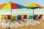 Beach Decor Giclee Art Print of colorful umbrellas and beach chairs lined up on a beach